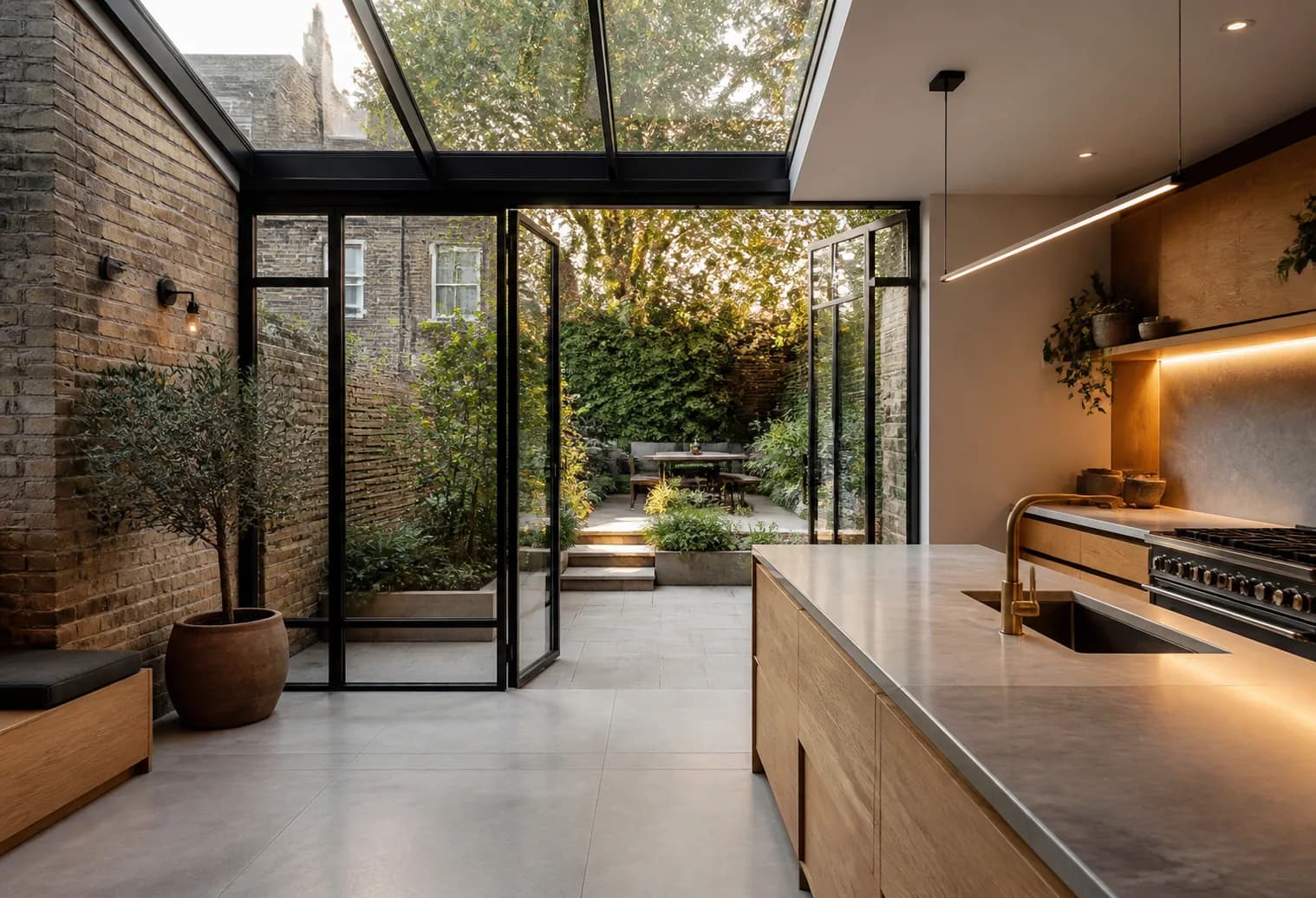 Illustrative side-return kitchen extension with roof glazing and steel-framed doors