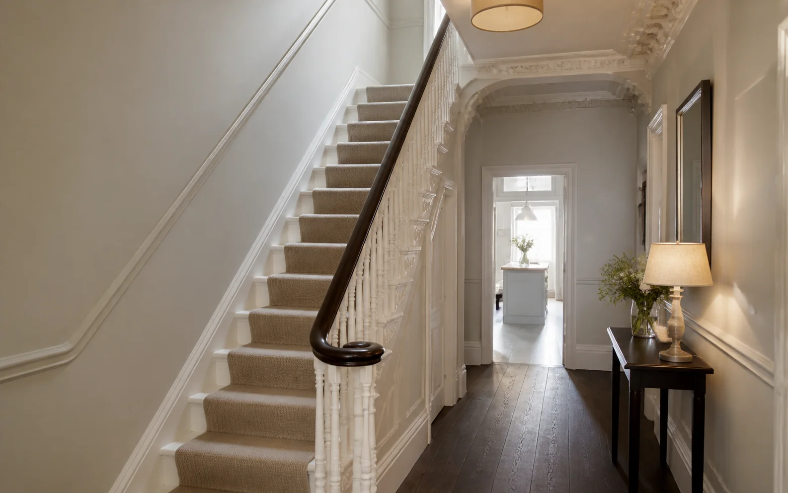 Illustrative redecorated period hallway and staircase