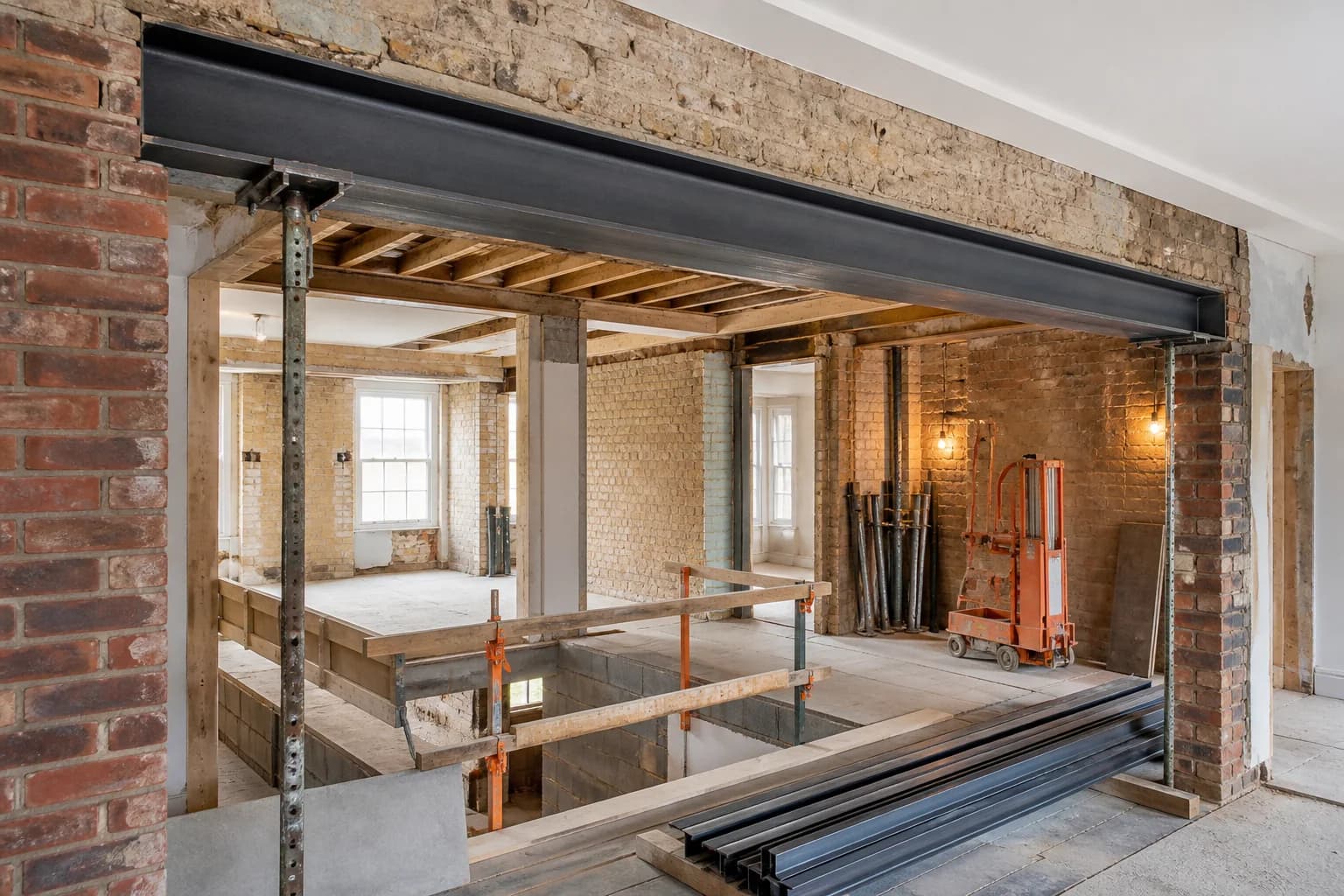 Structural steel installed across a residential opening during a refurbishment