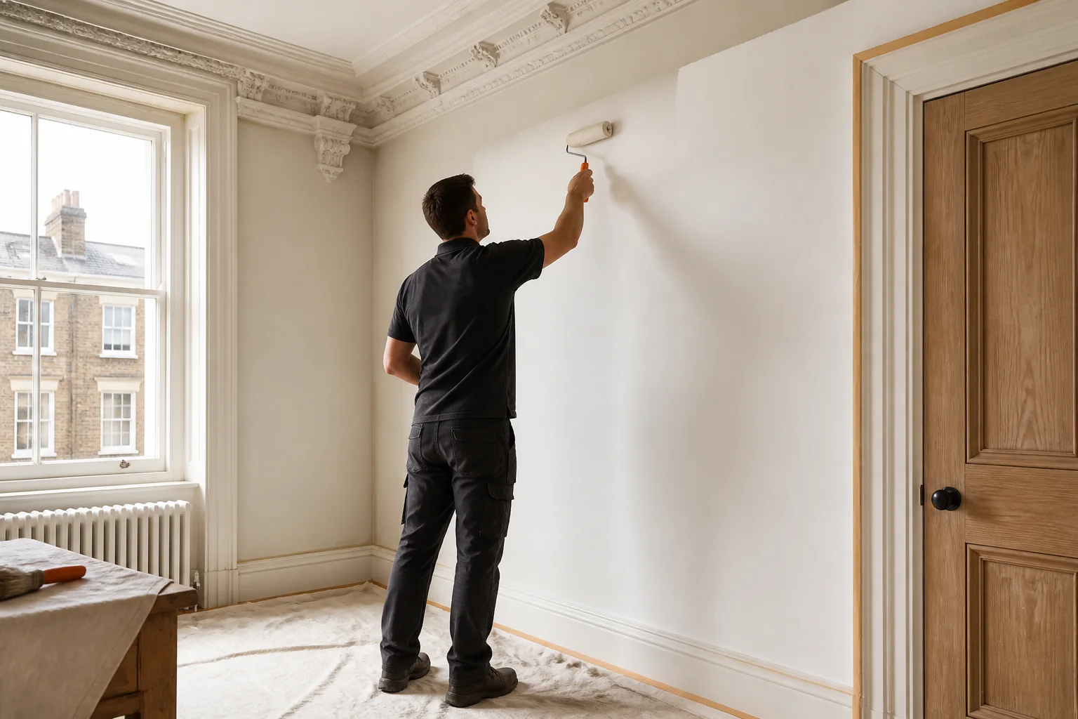 Decorator applying the final coat in a carefully protected period interior