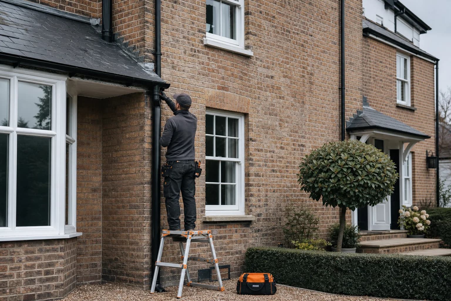 Property maintenance inspection of rainwater goods on a brick home